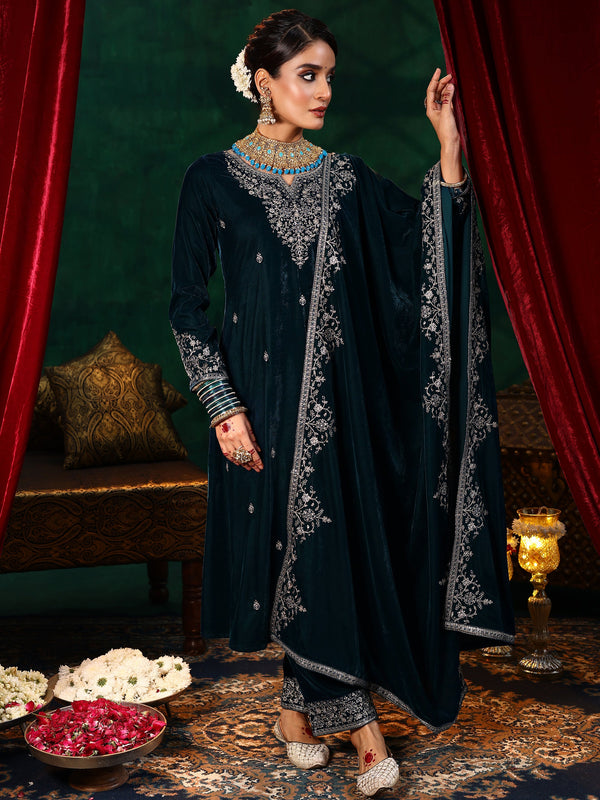 Teal Blue Embroidered Velvet A-Line Kurta With Palazzos & Dupatta