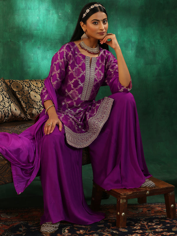 Magenta Woven Design Silk Blend Straight Suit With Dupatta