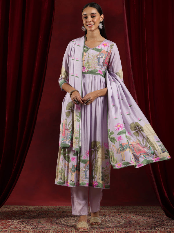 Jashvi Lilac Printed Cotton Blend Anarkali Suit With Dupatta