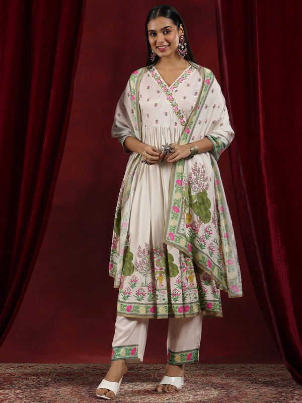 Jashvi Off White Printed Cotton Blend Anarkali Suit With Dupatta