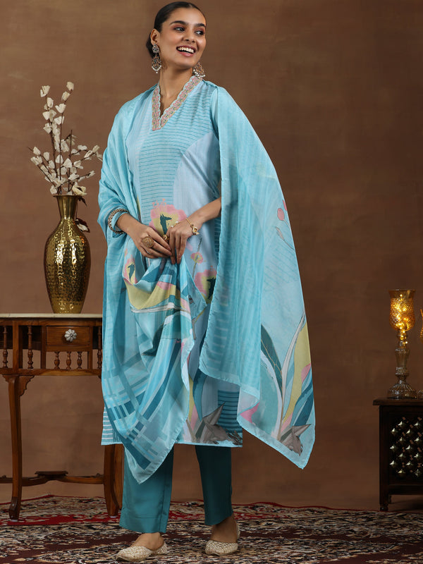 Turquoise Printed Cotton Blend Straight Suit With Dupatta