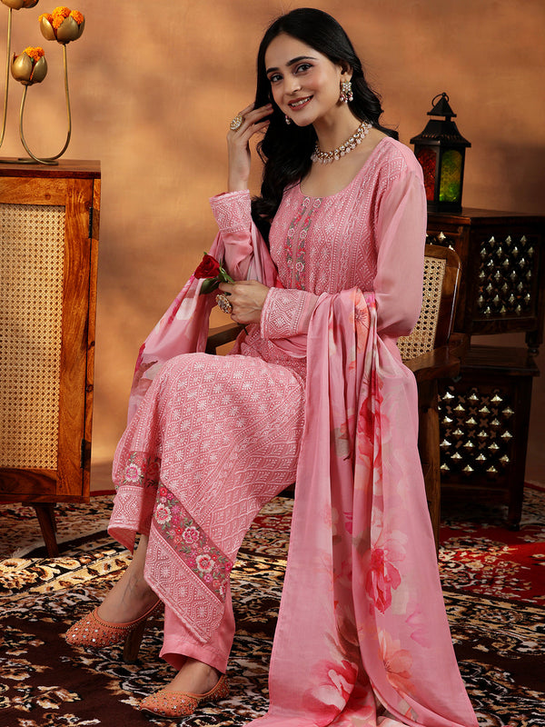 Peach Embroidered Georgette Straight Suit With Dupatta