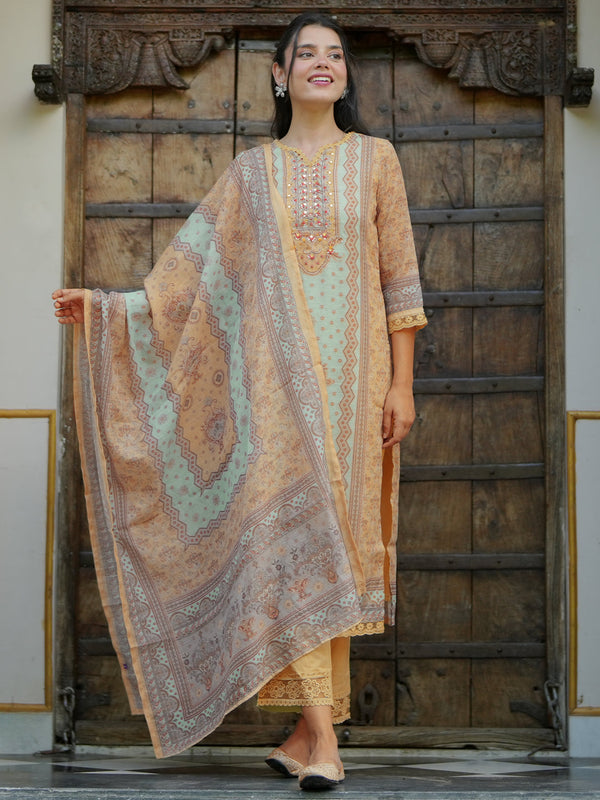 Yellow Printed Linen Straight Suit With Dupatta