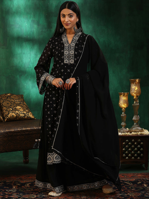 Black Printed Georgette Straight Suit With Dupatta