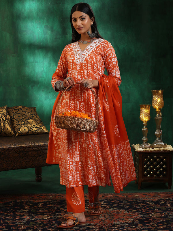 Orange Printed Cotton Straight Suit With Dupatta