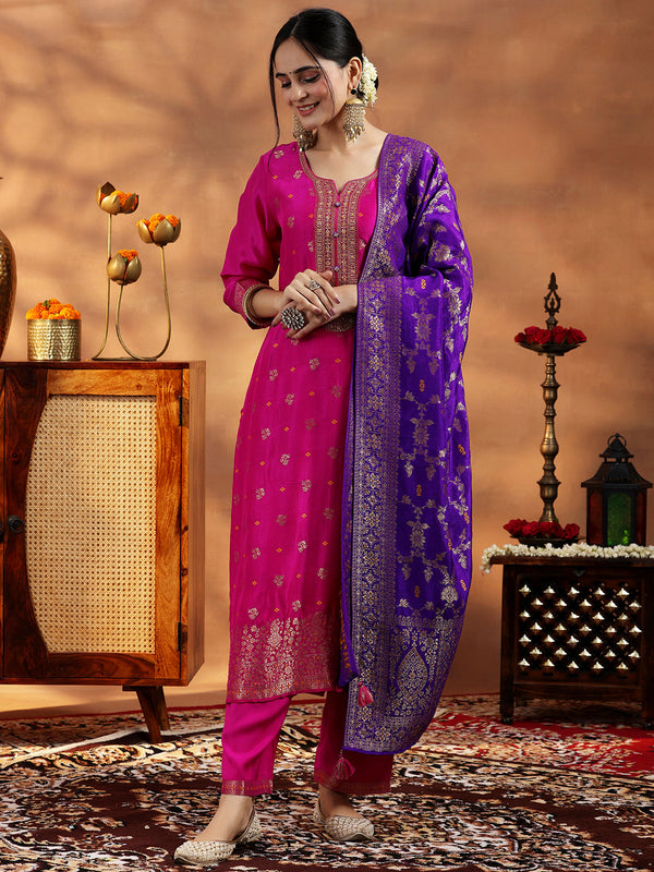 Pink Woven Design Silk Blend Straight Suit With Dupatta