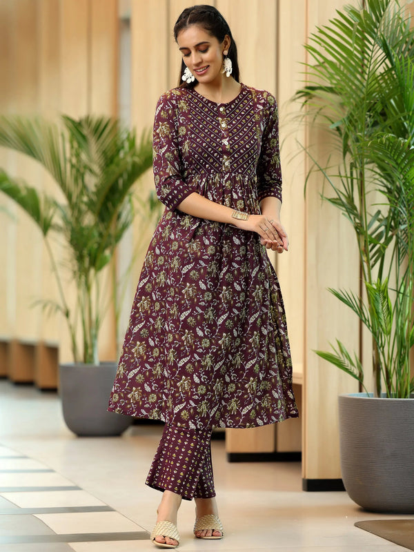 Brown Printed Cotton A-Line Kurta With Trousers