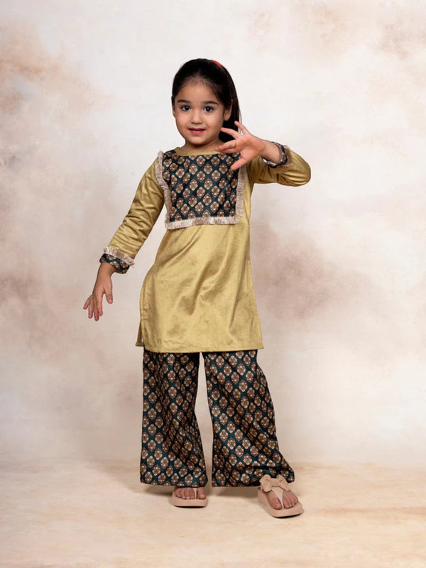 Mustard Yellow Digital Print Velvet Girls Kurta Palazzo Set