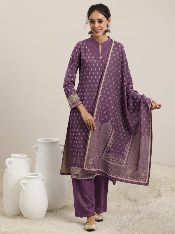 Wine Woven Design Wool Blend Straight Suit With Dupatta