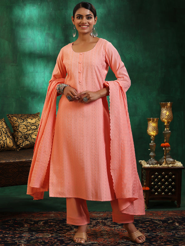 Peach Embroidered Silk Blend Straight Suit With Dupatta