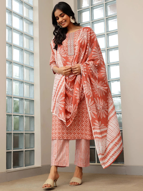 Brown Printed Cotton Straight Suit With Dupatta