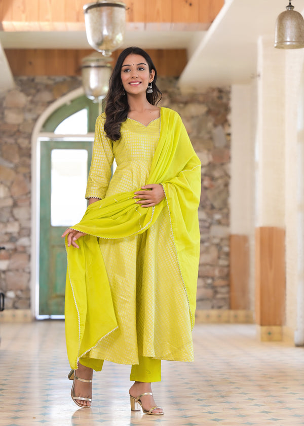 Women's Lime Green Foil Print Anarkali Set - Hatheli