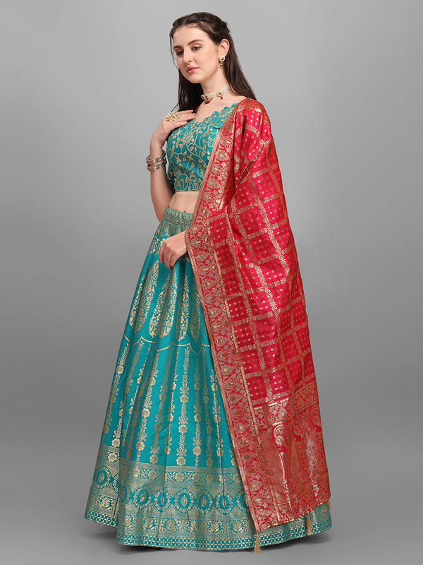 Women's Turquoise Jacquard Work Trendy Lehenga Choli - Monjolika