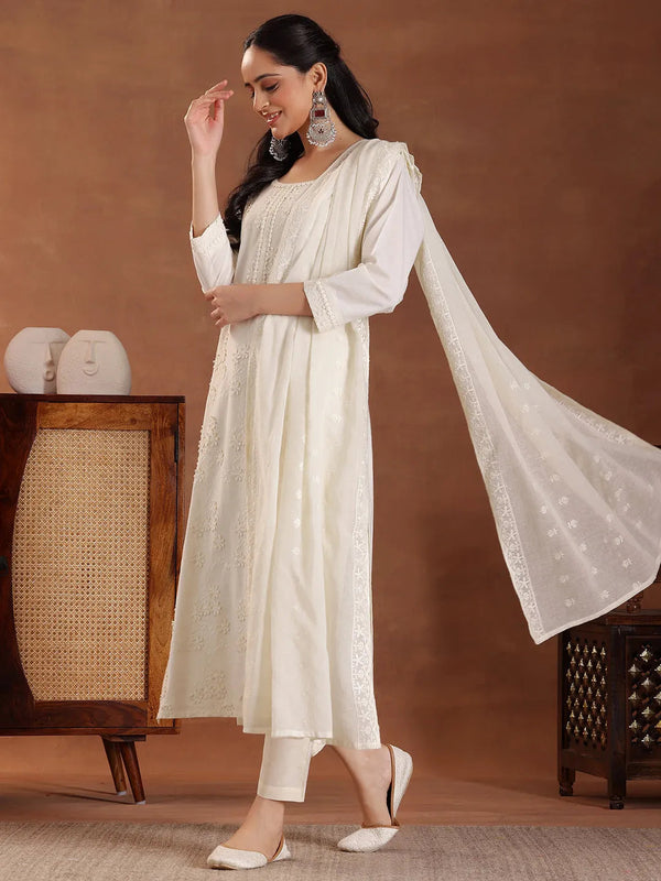 Off White Embroidered Cotton Straight Suit With Dupatta