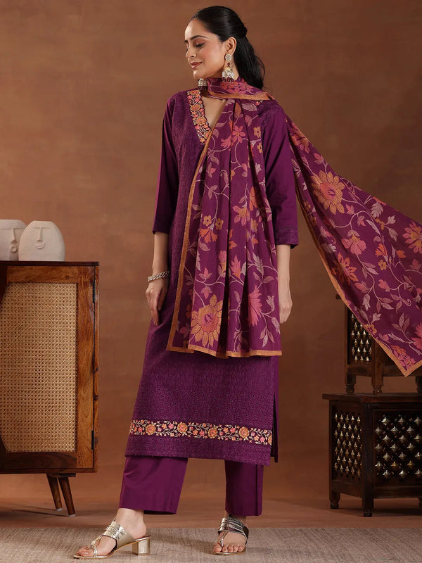 Wine Embroidered Cotton Straight Suit With Dupatta