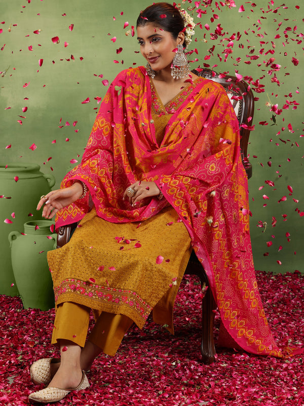 Mustard Embroidered Cotton Straight Suit With Dupatta