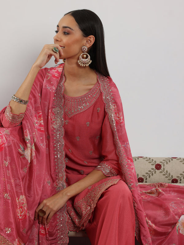 Pink Embroidered Silk Blend Straight Suit With Dupatta