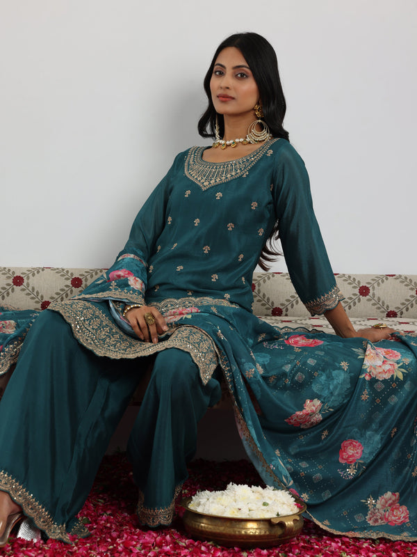 Teal Embroidered Silk Blend Straight Suit With Dupatta