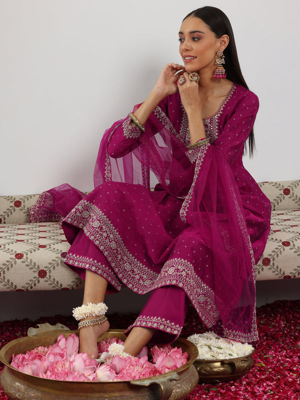 Magenta Embroidered Silk Blend Anarkali Suit With Dupatta