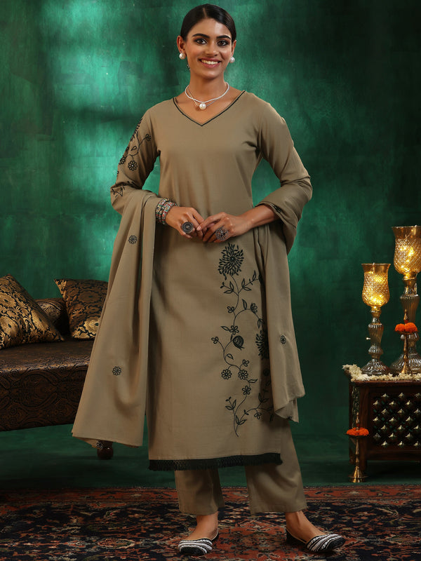 Taupe Embroidered Cotton Straight Suit With Dupatta