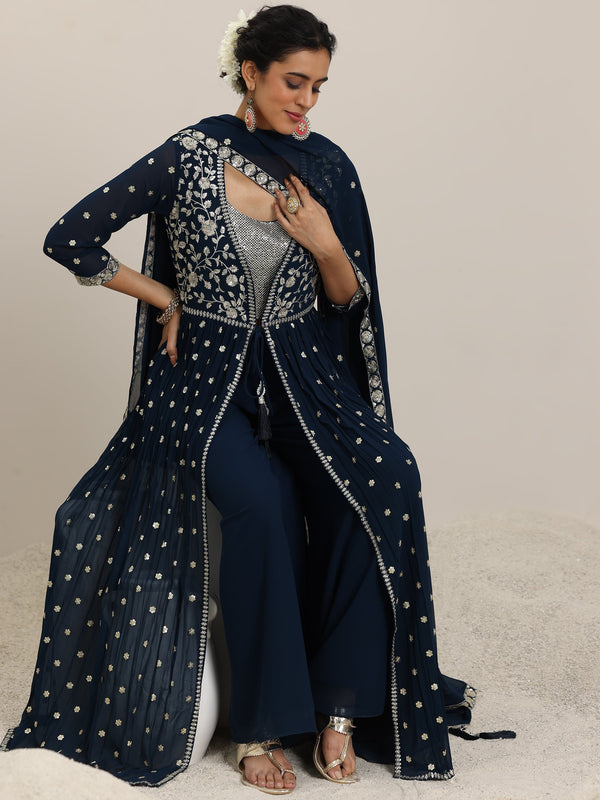 Blue Embellished Georgette Co-Ords With Shrug