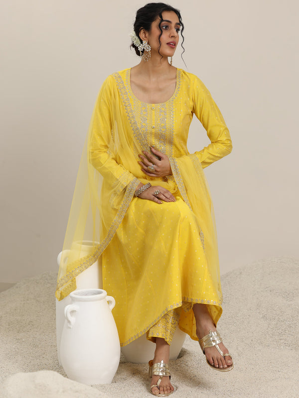 Yellow Embroidered Chanderi Silk Anarkali Suit With Dupatta