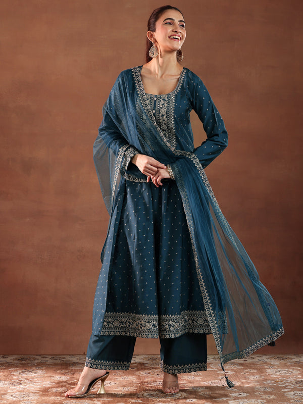 Teal Embroidered Chanderi Silk Anarkali Suit With Dupatta