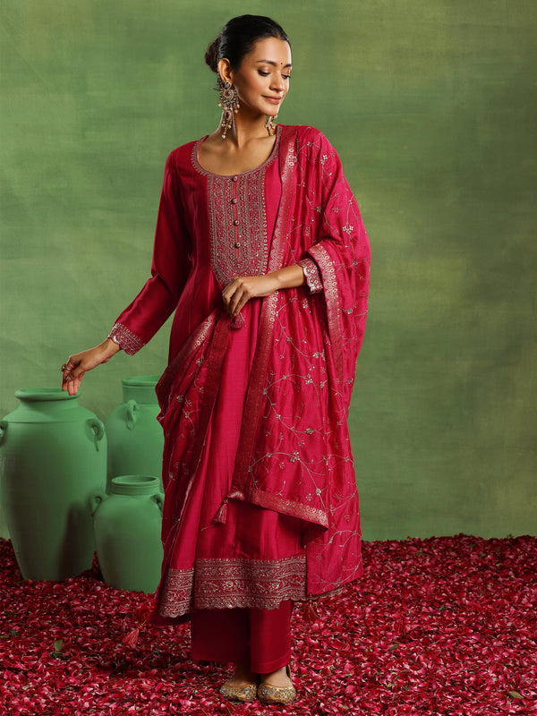 Pink Embroidered Chanderi Silk Anarkali Suit With Dupatta