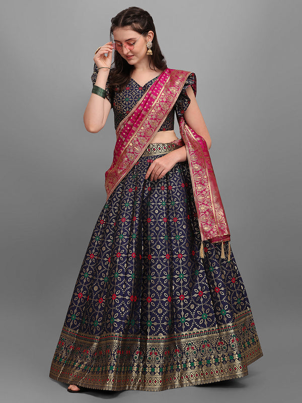 Women's Navy Blue Jacquard Work Trendy Lehenga Choli - Monjolika