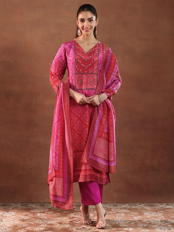 Pink Printed Silk Blend Straight Suit With Dupatta