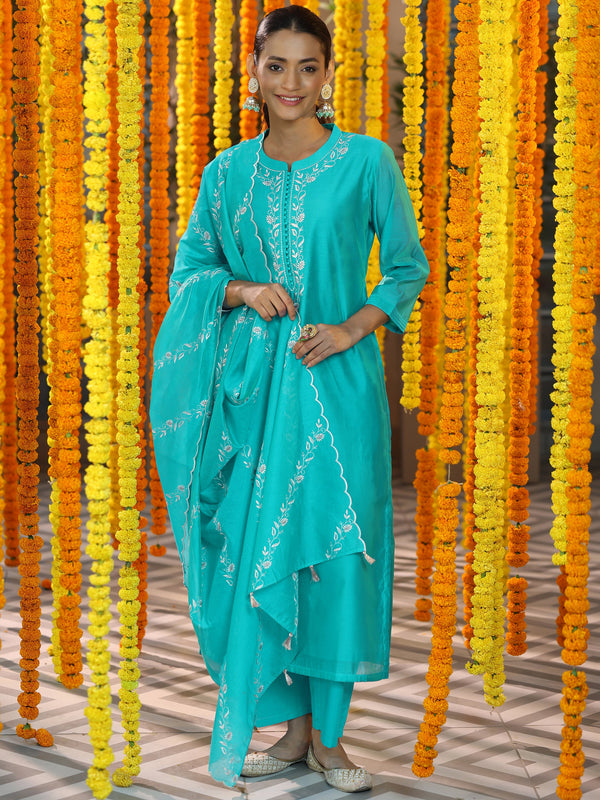 Turquoise Yoke Design Chanderi Silk Straight Suit With Dupatta