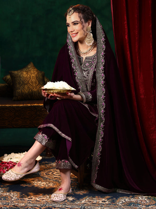 Burgundy Embroidered Velvet A-line Kurta  With Trousers & Dupatta