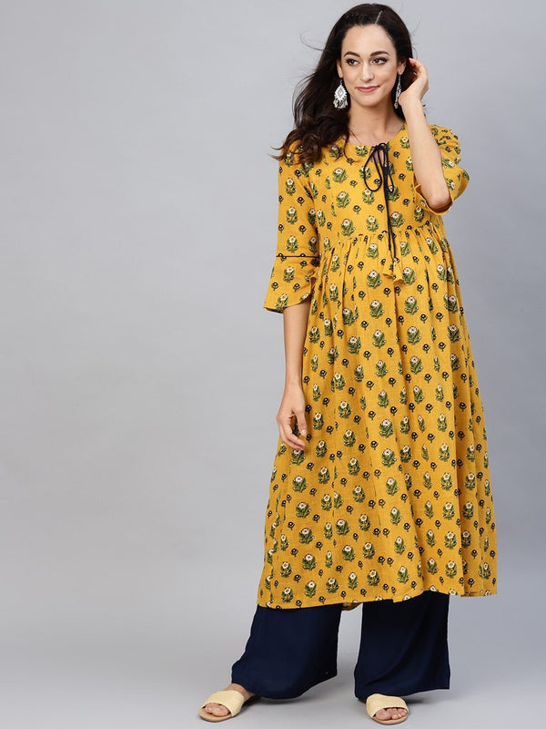 Women's  Mustard Yellow & Green Printed A-Line Maternity Kurta - AKS