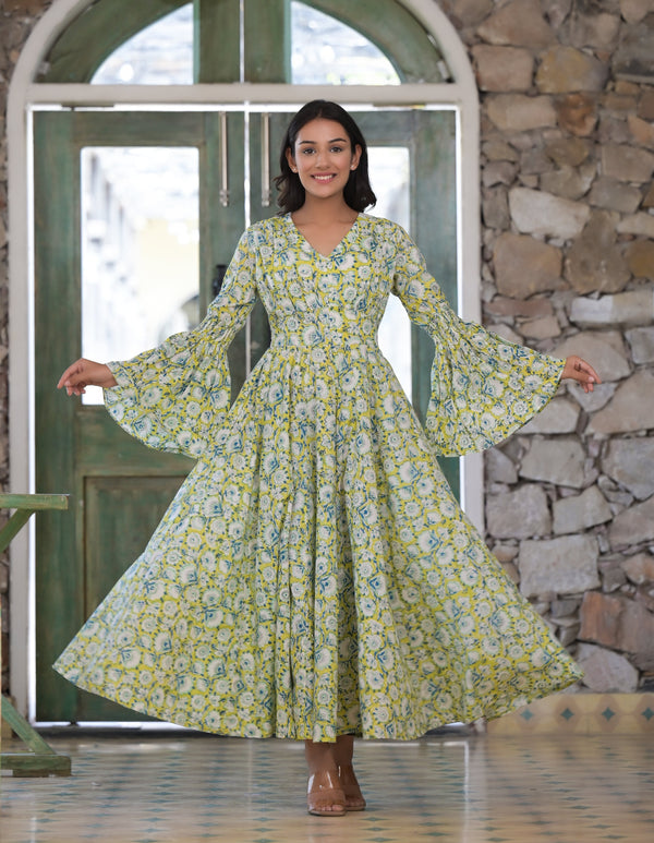 Women's Green Floral Hand Block Cotton Dress - Hatheli