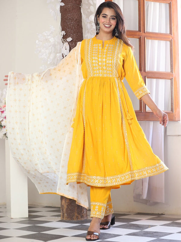 Women's Ethnic Motifs Embroidered Empire Kurta With Palazzos & Dupatta - Noz2Toz