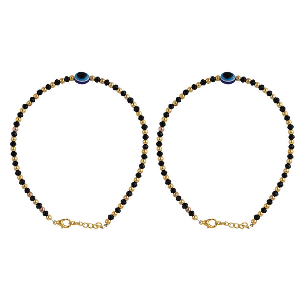 Women's Set Of 2 Gold-Plated Black & Blue Beaded Hand Crafted Anklets - Anikas Creation