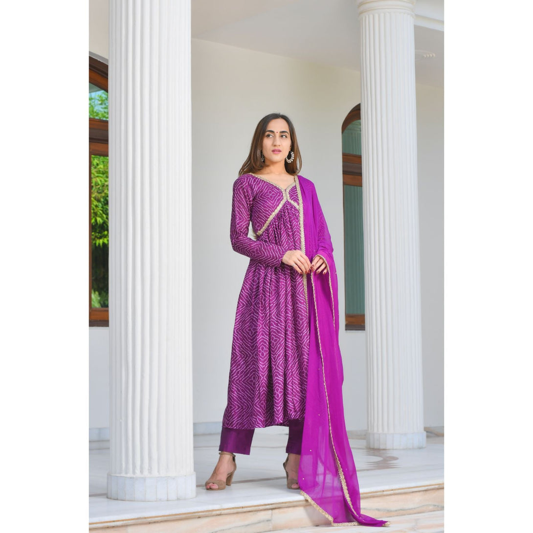 Women's Purple Bandhani Anarkali Set With Dupatta - Rangpur