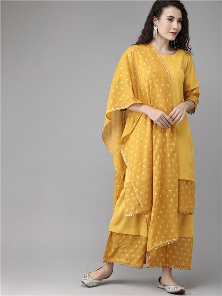 Mustard Yellow Printed Kurta Palazzo Set With Dupatta