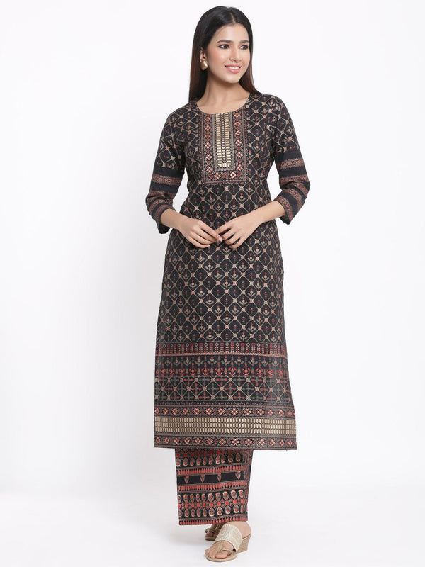 Women's Printed Black Cotton Kurta with Palazzo Set by Kipek (2 Pc Set)