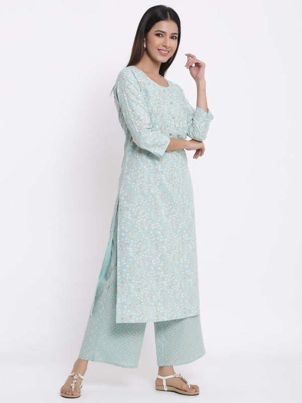 Women's Sky Blue Printed Cotton Kurta & Palazzo Set Kipek (2 Pc Set)