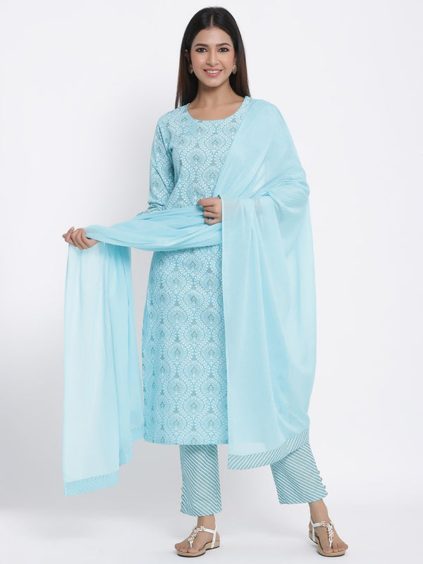 Women's Printed Cotton Fabric Kurta, Palazzo & Dupatta Set Sky Blue Color - Kipek