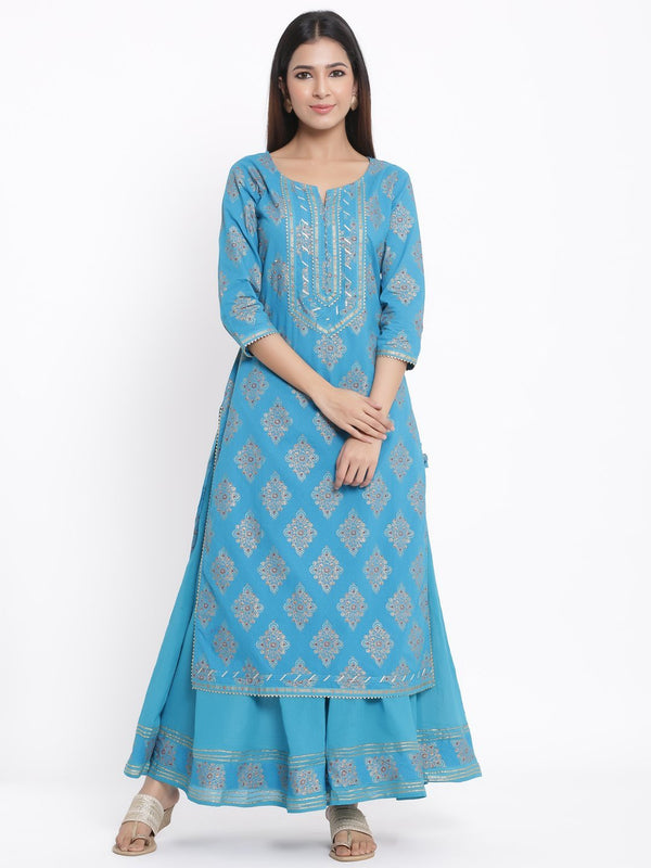 Women's Sky Blue Cotton Kurta With Sharara by Kipek (2pcs Set)