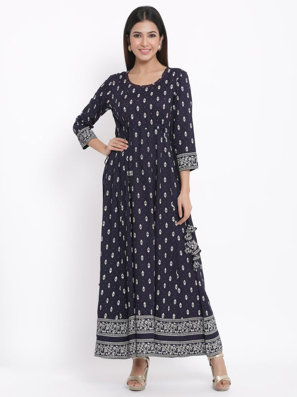 Women's Printed Rayon Fabric Anarkali Dark Navy Blue Color - Kipek