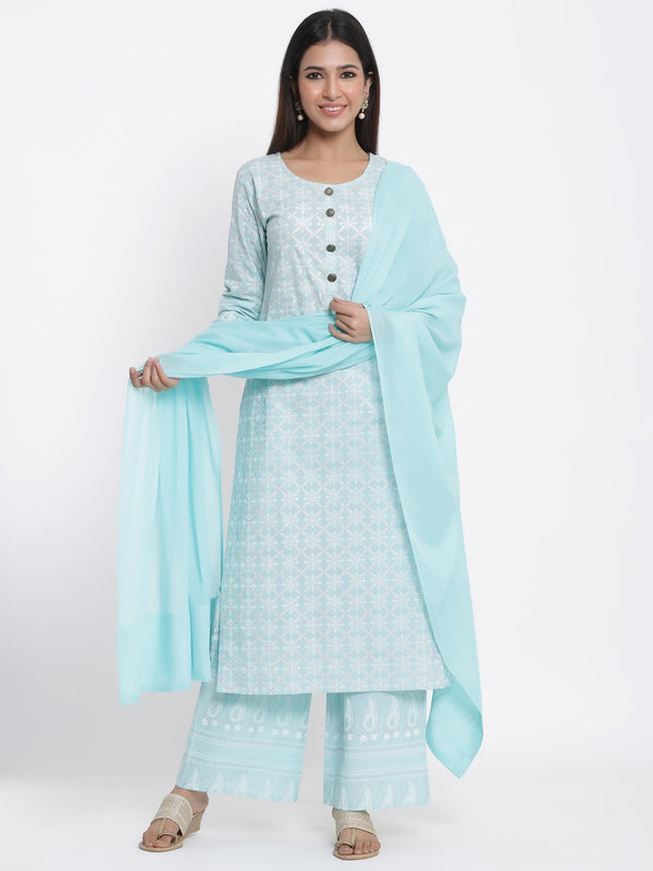 Women's Sky Blue Printed Cotton Kurta and Palazzo set by Kipek- (3pcs set)