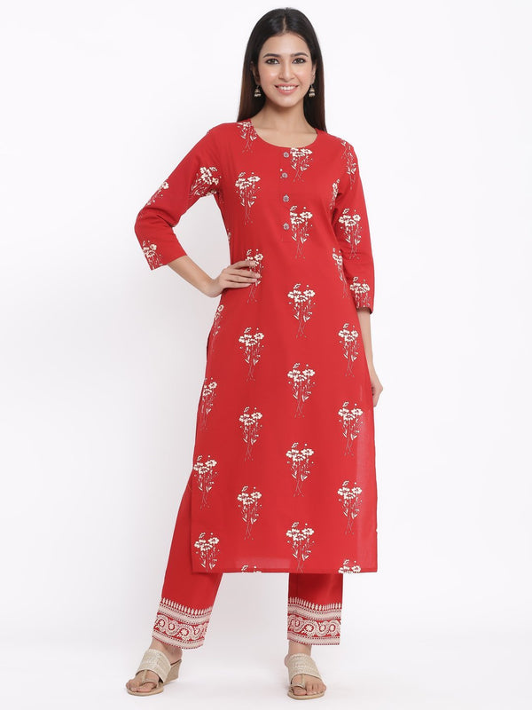 Women's Red Printed Cotton Kurta & Palazzo Set by Kipek- (2pcs set)