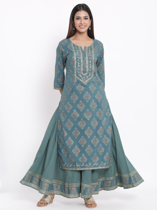 Women's Printed Blue Cotton Kurta with Skirt Set by Kipek (2 Pc Set)