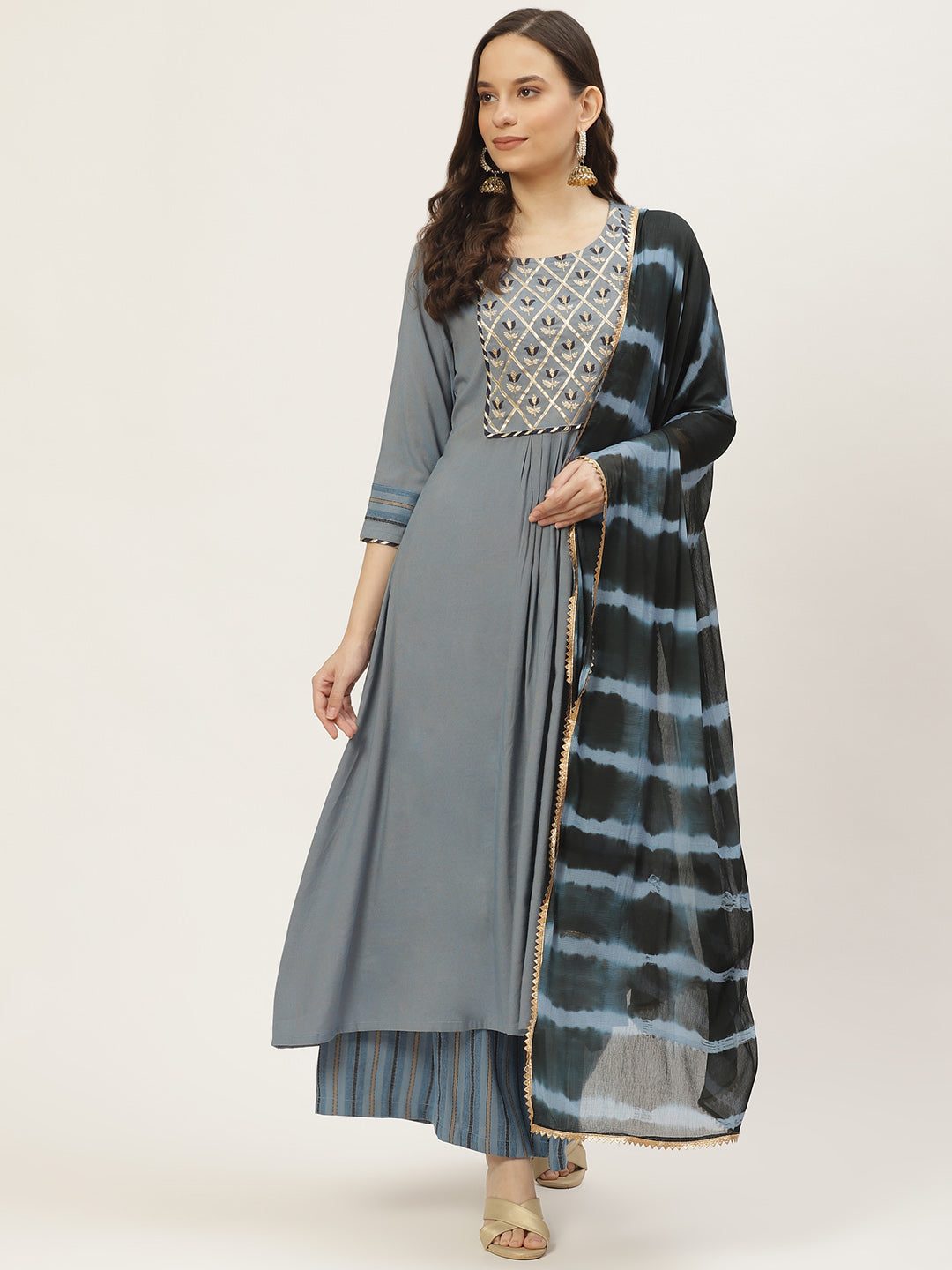 Women's Grey Color Rayon Blend Embroidered Straight Kurta Palazzo With Dupatta - Vaaba