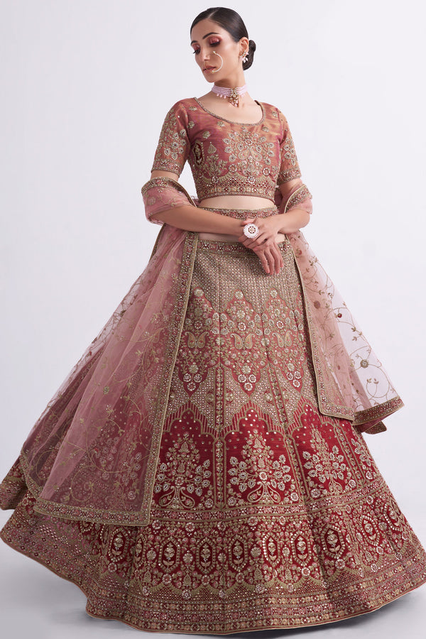 Women's Bridal Heritage Shaded Rust Heavy Embroidered Shaded Silk Designer Lehenga - CHITRAS