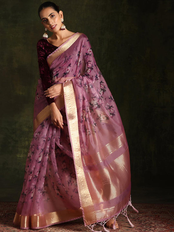 Purple Printed Organza Saree With Unstitched Blouse Piece - Jashvi