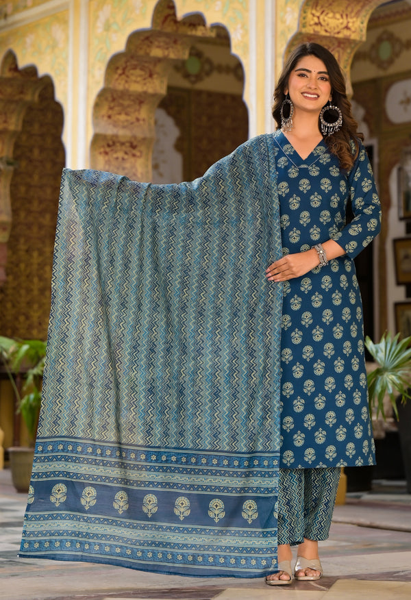 Women's Blue Printed Viscose Rayon Kurta, Pant And Dupatta Set - Alvami